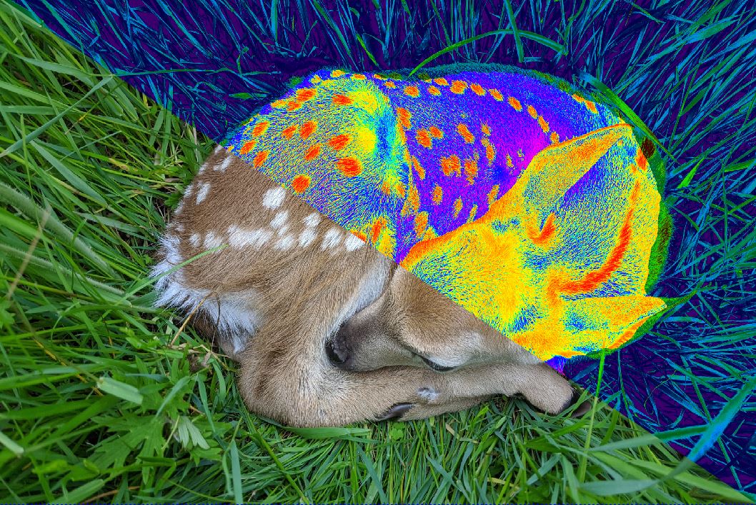 Rehkitz im Gras: Vergleich von Echtbild und Wärmebildkamera